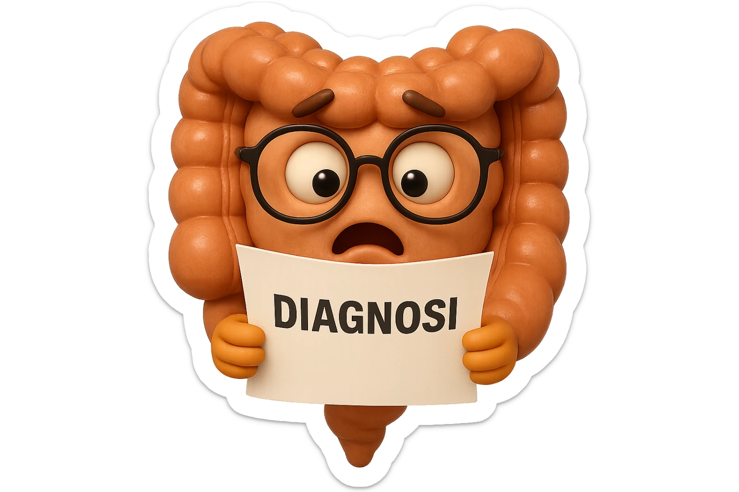 EMOJI STILE IPHONE DI UN INTESTINO CON GLI OCCHIALI CHE LEGGE UN FOGLIO CON LA SCRITTA DIAGNOSI, ESPRESSIONE STUPITA IN VOLTO, IPERREALISTICO 4K sticker