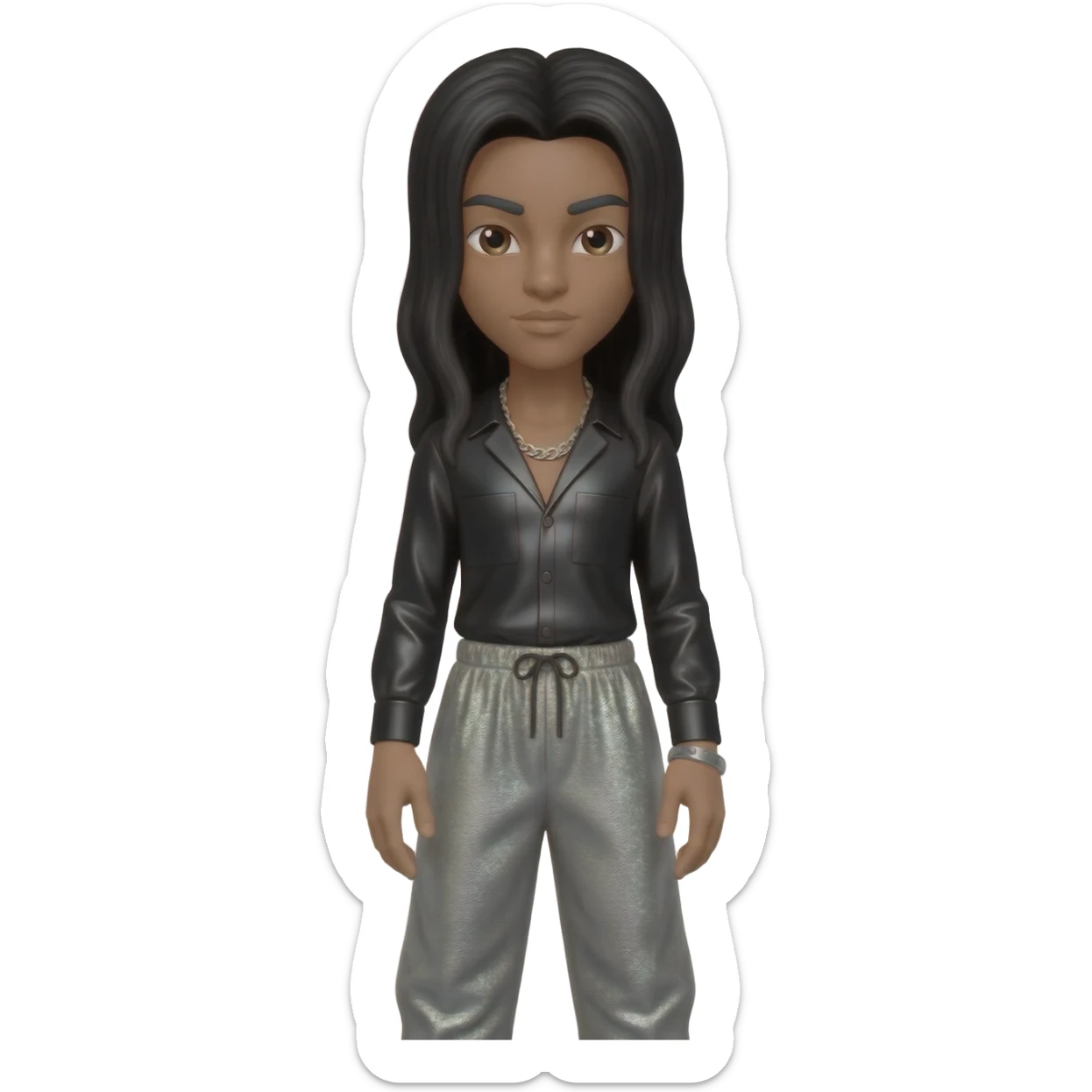 Bizzy Bone with long black hair, black metallic shirt, gray metallic harem pants, silver necklace sticker
