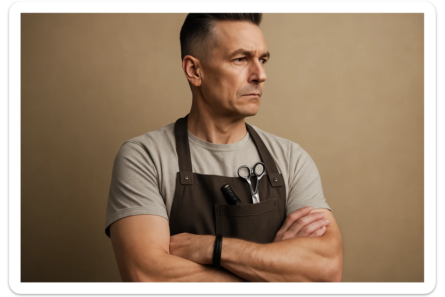 shu pozada turgan faqat chap tarafga qarab turgan sartarosh ustani tasvirlab ber realistik uslubda yoshi kattaroq soqol shart emas sticker