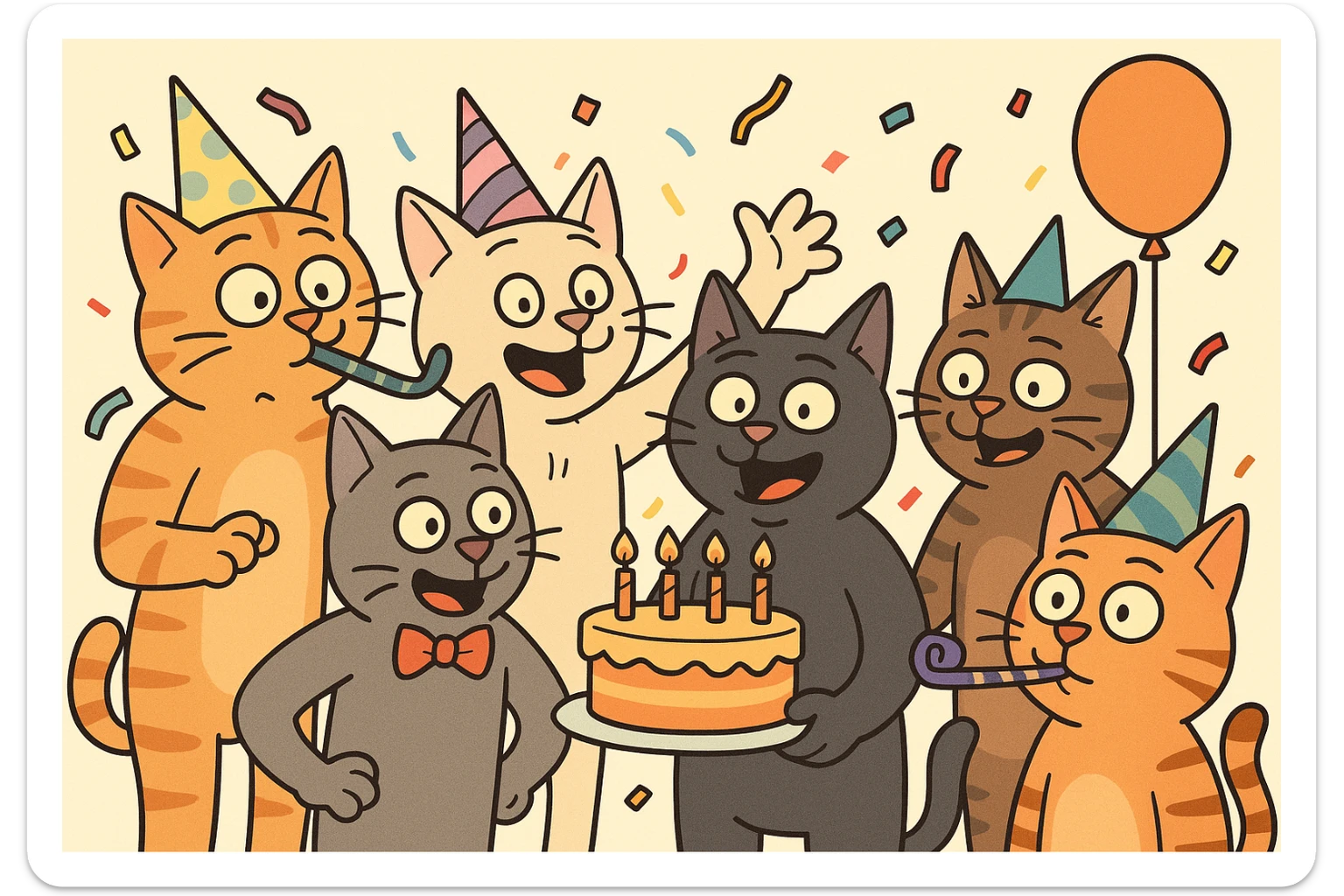 six male cats celebrating at a birthday party, festive, colorful, playful, each cat with a unique party accessory, cartoon style sticker