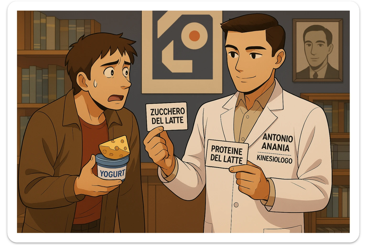 fai un webtoon manga a colori con questo stile, in cui un uomo fa una domanda al kinesiologo con il camice bianco (fagli anche la scritta "ANTONIO ANANIA" SUL CAMICE, l'uomo chiede una cosa mostrando un formaggio e uno yogurt al kinesiologo con il camice, IL KINESIOLOGO annuisce e SPIEGA ALL'UOMO UNA cos. L'UOMO ha un ESPRESSIONE CONFUSA IN VOLTO. non fare i fumetti però, fai solo in modo che sembri stiano parlando sticker