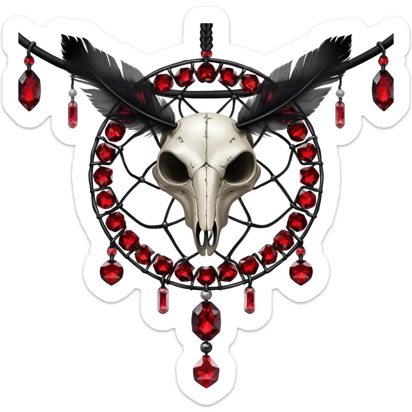 Blood-red, bloody, obsidian-black, edgy, dream catcher, red gemstones, black wire, black threads, white animal skull, white feathers, badass, evil, gorgeous aesthetic, gothic decoration sticker