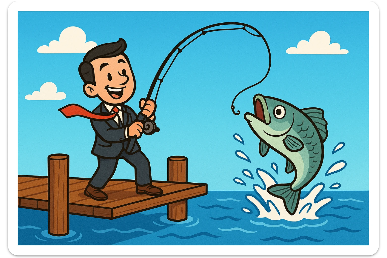 cartoon businessman fishing from a dock, tie fluttering, catching a big fish sticker