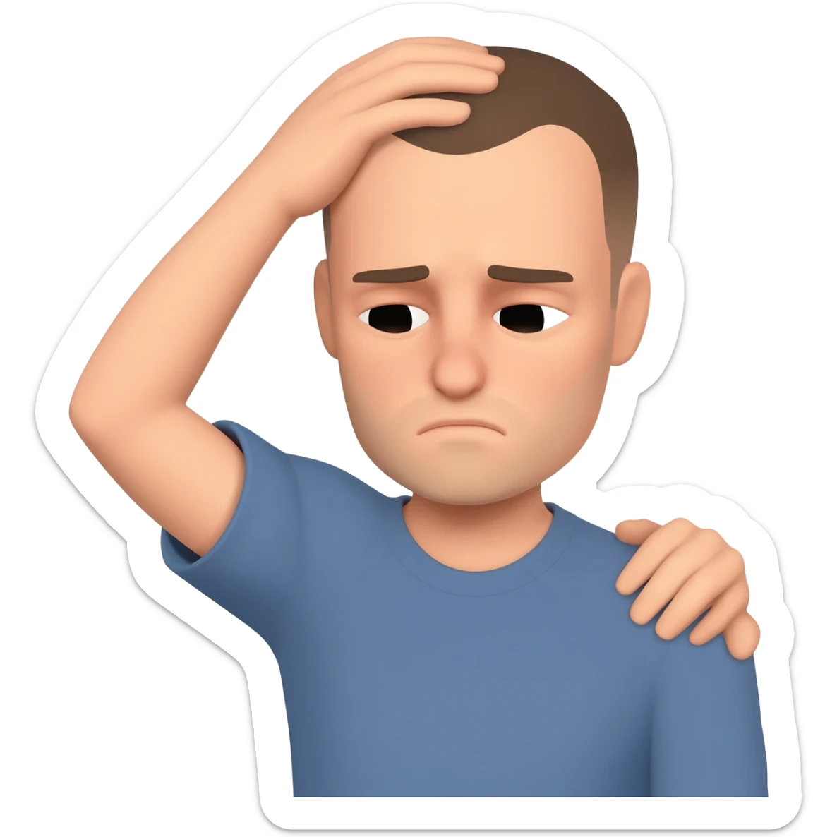 A man who is depressed with his left arm draped over the top of his head so the inside of his left elbow is on the very top of his head where hair grows from and his left hand is touching his right shoulder sticker