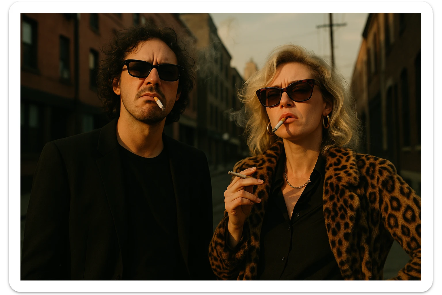 Par de personas que trabajan en la industria musical, parados conversando con aires de superioridad mientras se fuman un cigarro, mientras miran a la cámara (músico) de forma despectiva y burlona sticker