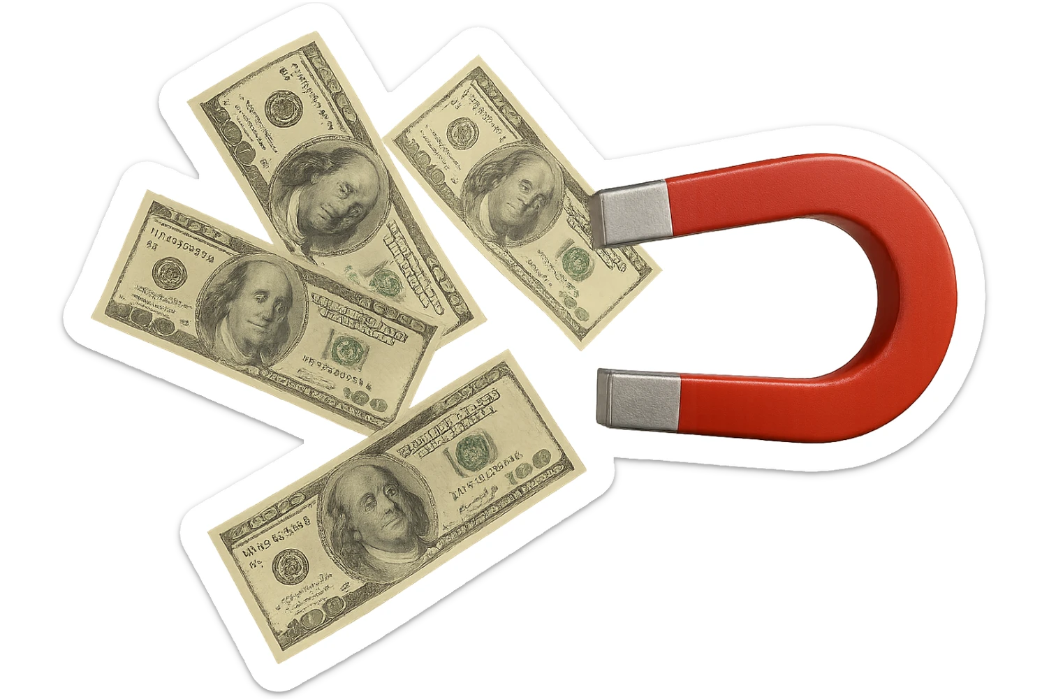 cinque banconote fluttuano in aria attratte da una calamita rossa, iperrealistica 4k, isolato su sfondo bianco sticker