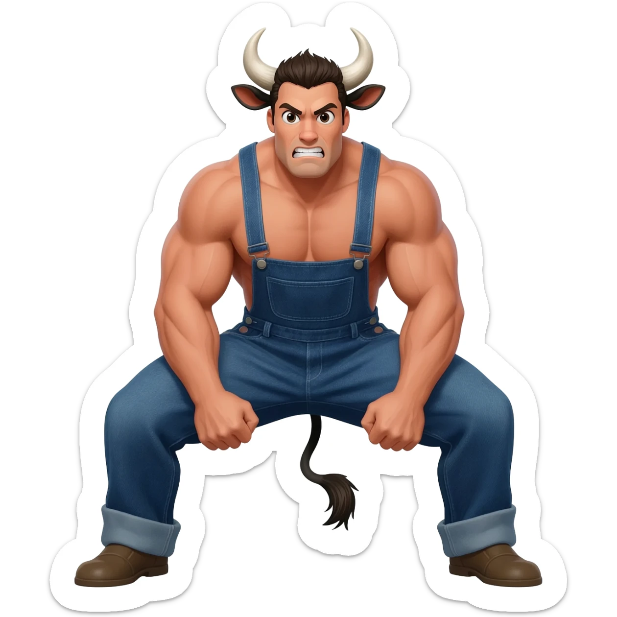 furious country handsome hairy muscular man with large breasts with bull horns and cow ears and cow tail dressed in denim overalls squats legs vide open sticker