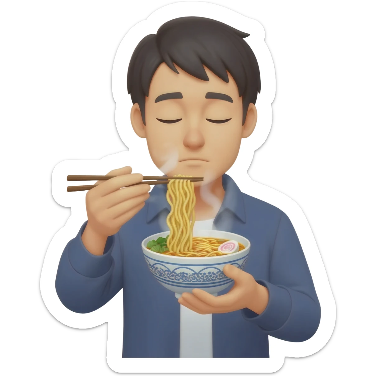 Japanese guy with eyes closed eating noodles sticker