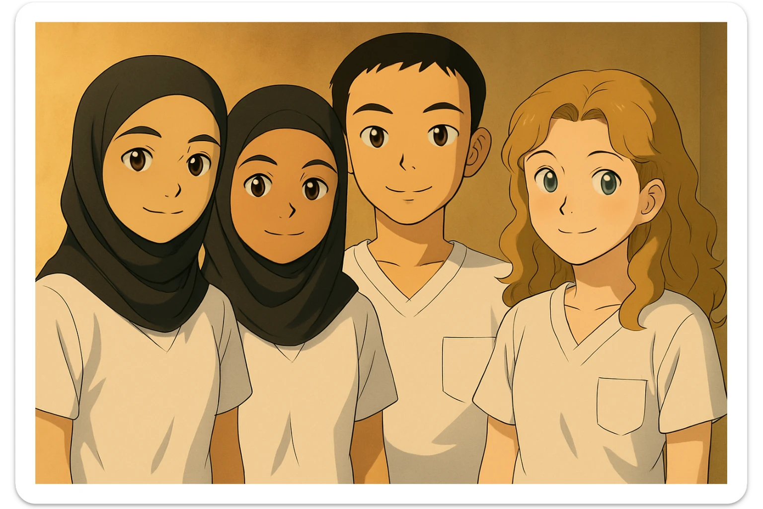 Edit the image to make the first girl on the left the same size as the girls on the right while preserving the original faces and expressions. Generate multiple natural and harmonious variants with slight posture adjustments to keep the group looking natural and cohesive. sticker