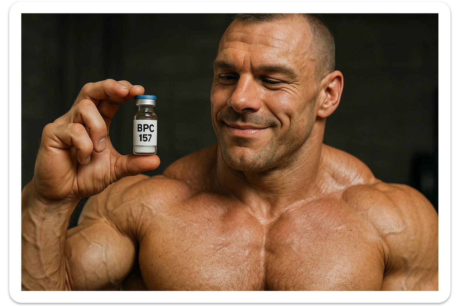 BODYBUILDER A FIGURA INTERA CHE TIENE IN MANO UNA FIALA MEDICA CON la scritta "BPC 157" SULL'ETICHETTA E LA GUARDA SODDISFATTO, iperrealistico 4k sticker