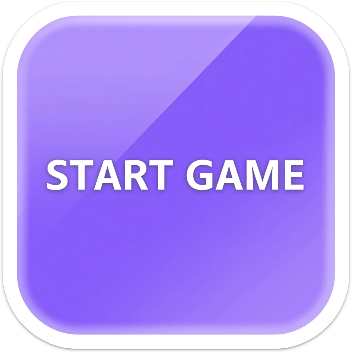 minimal UI button "START GAME", white liquid glass style button, glossy translucent glass surface, soft reflections, smooth rounded corners, inside a lilac / violet rounded rectangle background, modern mobile game UI, subtle glow, soft shadows, clean typography, centered composition, high contrast sticker