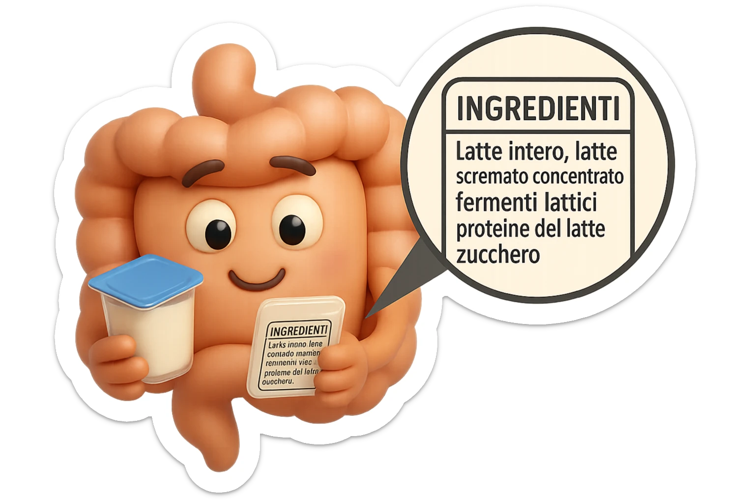 EMOJI STILE IPHONE 3D DI UN INTESTINO CHE HA IN MANO UN BARATTOLO DI YOGURT CONFEZIONATO DA SUPERMERCATO E LEGGE L'ETICHETTA NUTRIZIONALE CON GLI INGREDIENTI IN ITALIANO, ACCANTO ALLO YOGURT CHE HA IN MANO C'è UN FOCUS SULL'ETICHETTA CON GLI INGREDIENTI SCRITTI sticker