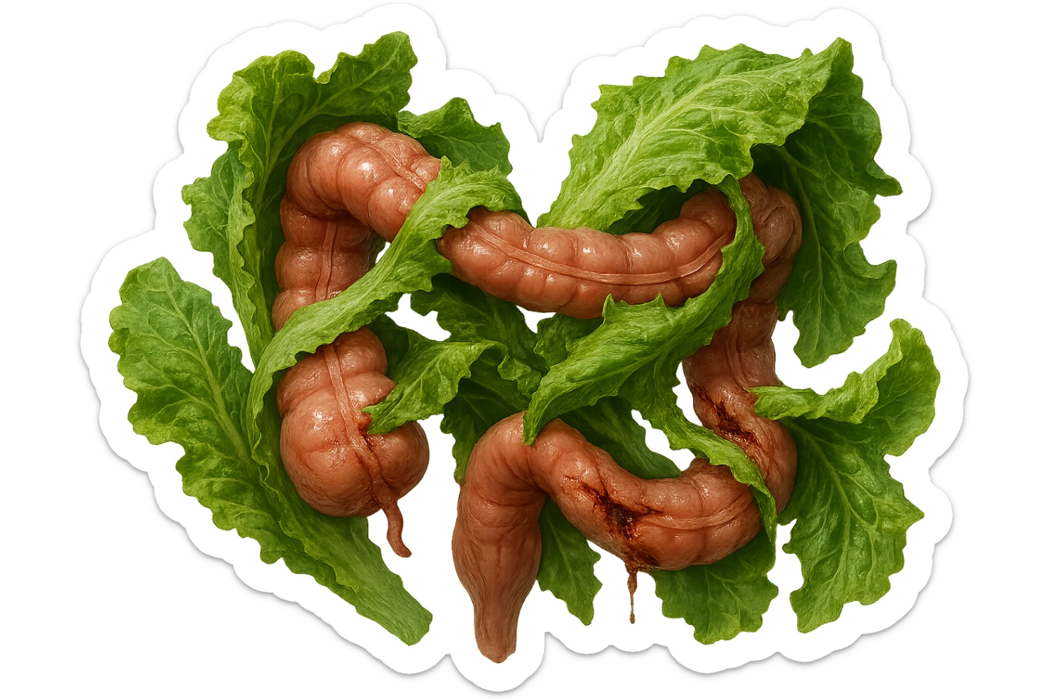foglie di insalata che attaccano un intestino anatomico umano per distruggerlo, iperrealistico sticker