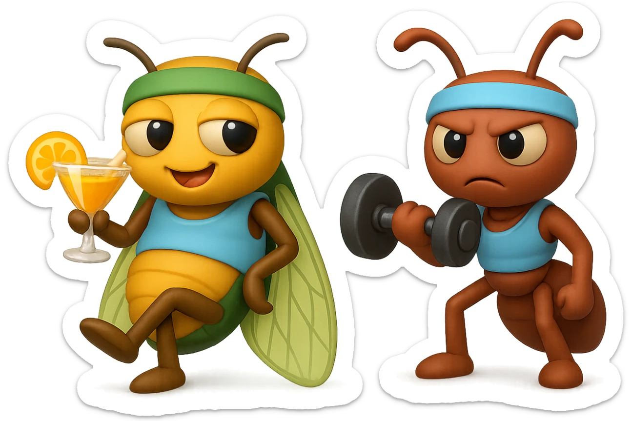 EMOJI STILE IPHONE 3D DI UNA CICALA E UNA FORMICA IN ABITI FITNESS, LA CICALA HA IN MANO UN COCKTAIL MENTRE LA FORMICA HA IN MANO UN MANUBRIO DA PALESTRA. L'IMMAGINE RAPPRESENTA IL FATTO CHE LA FORMICA VOGLIA IMPEGNARSI REALMENTE PER CAMBIARE IL SUO FISICO MENTRE LA CICALA SI VUOLE DIVERTIRE E NON CONCLUDE NULLA ALLA FINE sticker