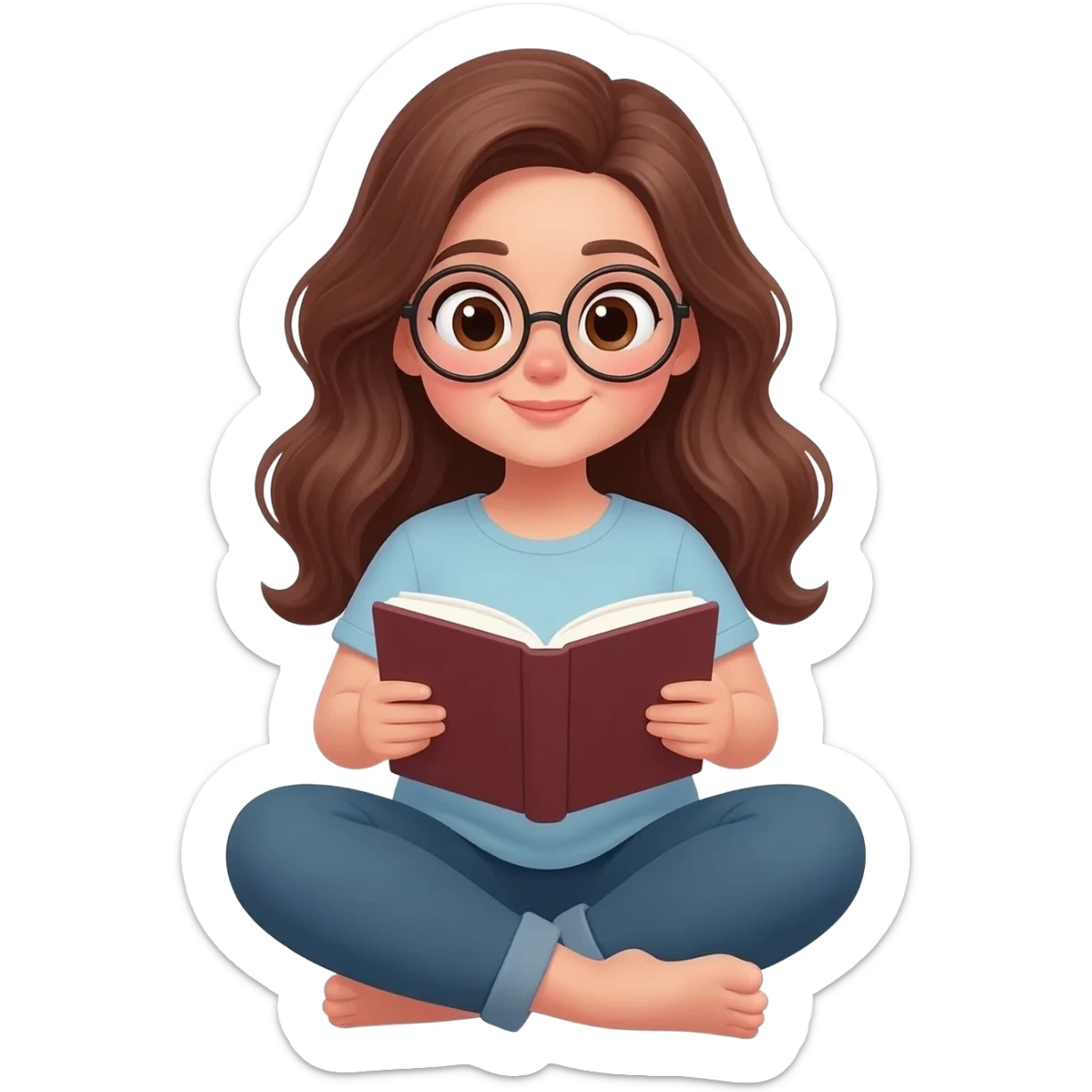 detailed emoji illustration of a curvy woman with long chestnut brown wavy hair, big light brown eyes and round glasses, sitting cross-legged and reading a book, cute emoji style sticker