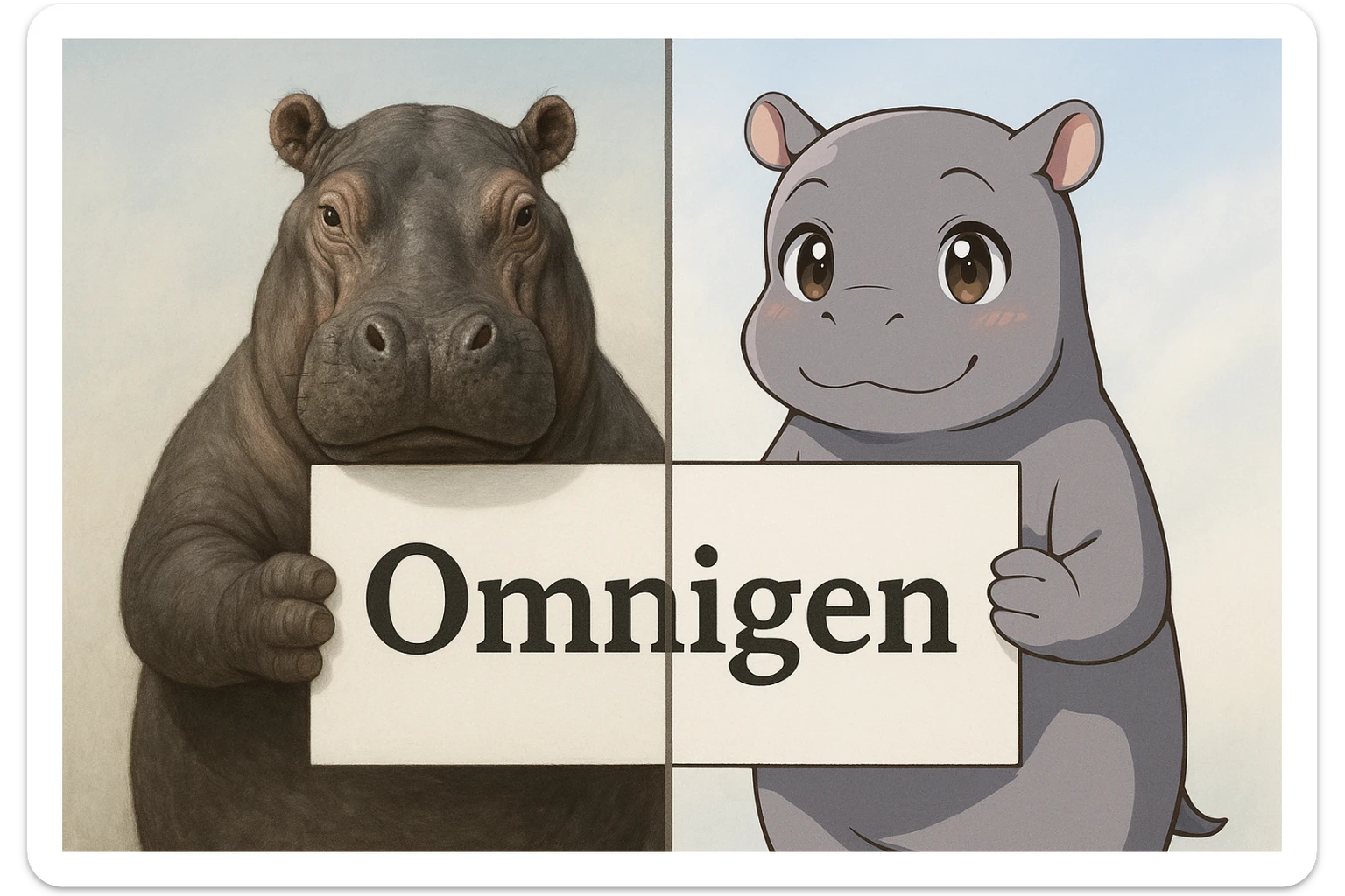 two hippo holding sign of omnigen, half picture 1 hippo is realistic another half is the anime of that same second hippo, with before after mark sticker