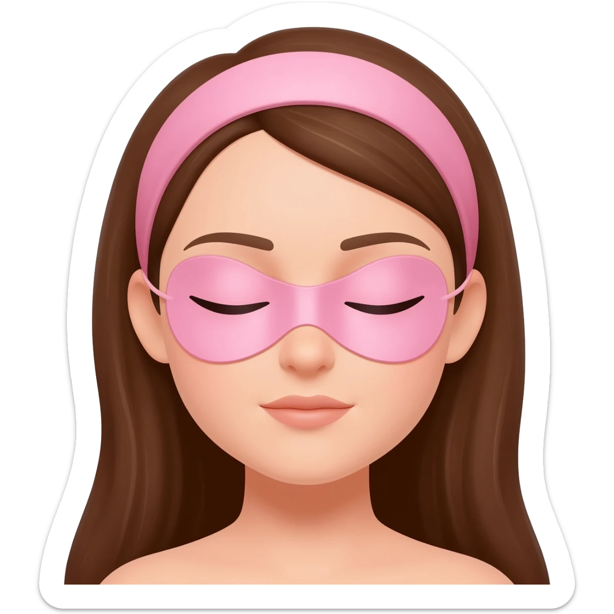 A woman with brown hair, eyes closed, calm and neutral expression, not smiling, wearing a pink headband, wearing pink eye patches under her eyes, simple emoji style, flat 2D render, pastel colors, white background sticker