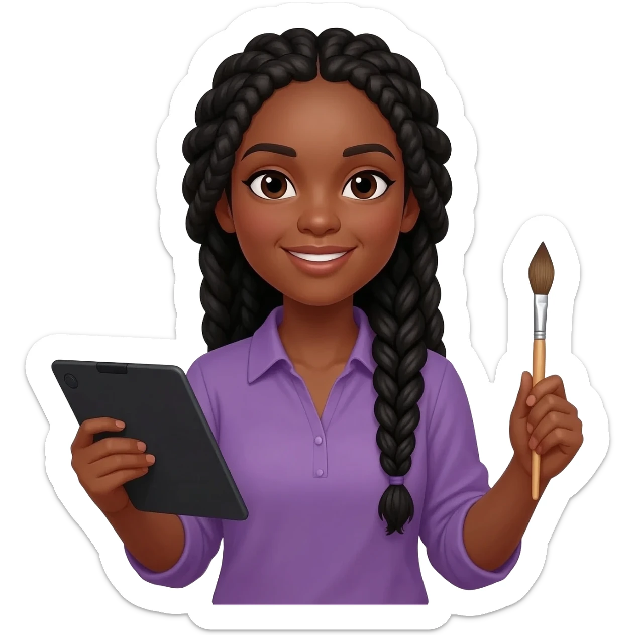 Emoji représentant une femme à la peau marron avec de longues braids noires et portant une belle chemise violette, tenant une tablette graphique dans une main et un pinceau dans l’autre sticker