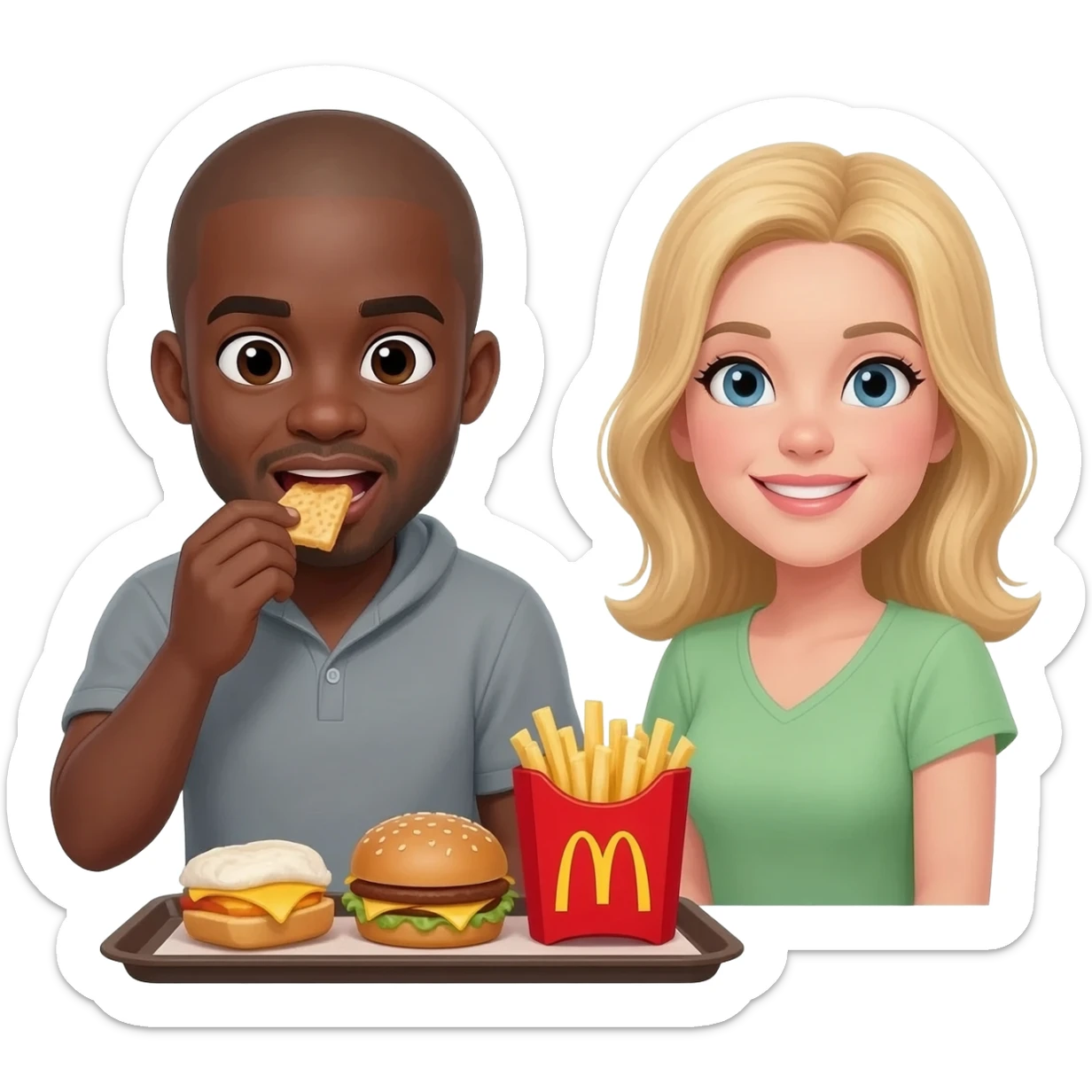 Black man with shaved head eating McDonald's with blonde woman sticker
