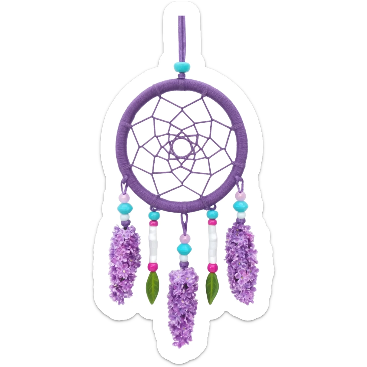 Lavender lilac pastel purple dreamcatcher-suncatcher with lavender flowers and lilac flowers attached, cyan beads, white beads, rose-pink beads, green leaves sticker