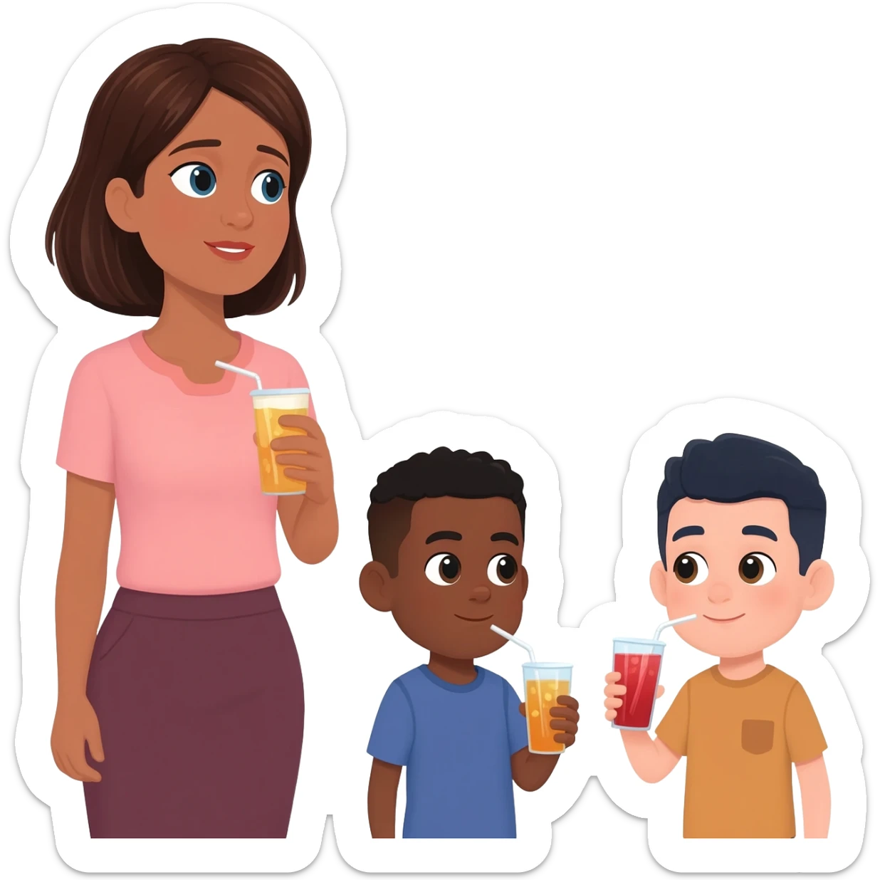 A woman emojie that looks after her old brothers one has a black skin two are light skinned while they are drinking sticker