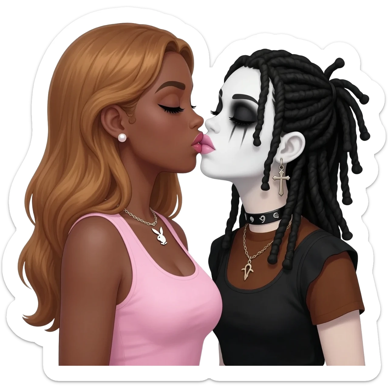 (Bimbo, pearl earrings stud, Light pink cute lips, long middle part with long honey brown hair, dark brown skin, playboy necklace with lashes, light pink sleeveless shirt, kissing the goth black girl with brown skin, cross earrings, ankh necklace with black dreadlocks with white paint on face sticker