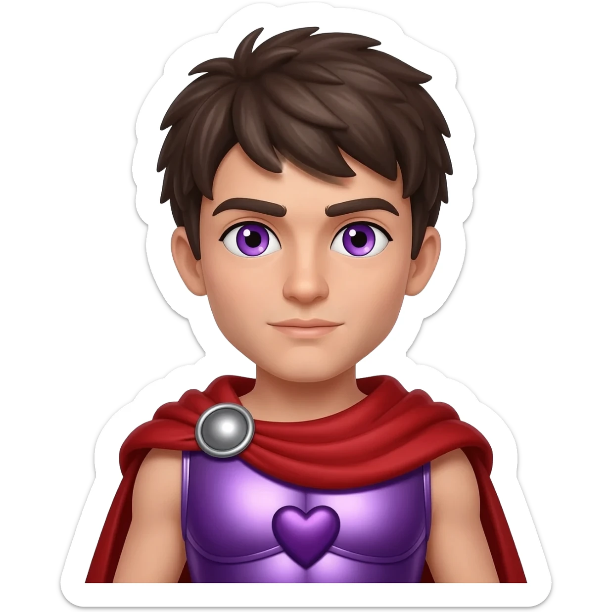Liber from Roman Mythology with purple eyes, dark brown hair, purple heart metallic tunic, red metallic cloak sticker