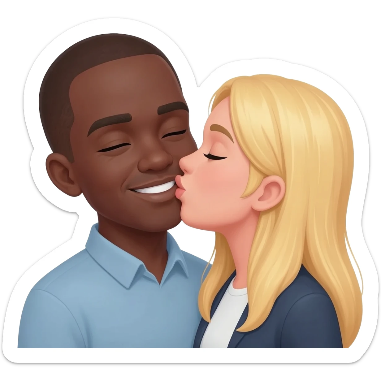 Blonde woman kissing black man with shaved head sticker