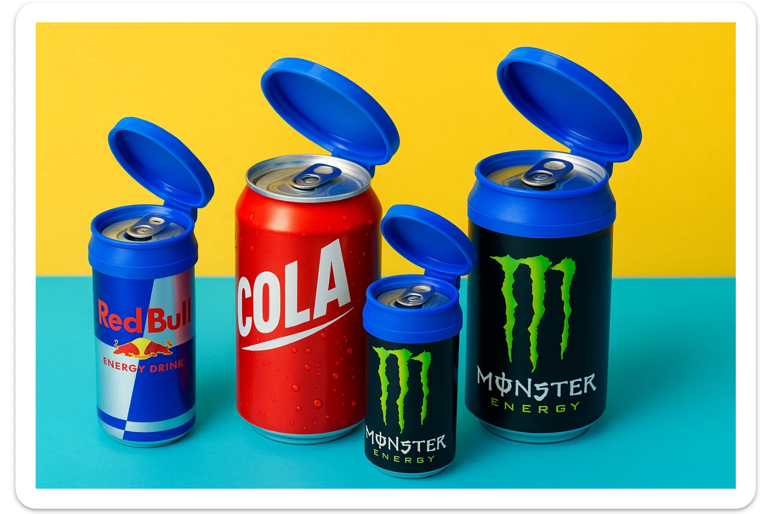 Készíts a következő jellemzőkre a mellékelt fotó felhasználásával a szöveghez illő képet, 1000x600px-es méretűt, fiatalos, dinamikus, megnyerő,változatos, színes, valósághű fotók legyenek!
„Az összes aludobozodra használhatod”
Két fajta méretben gyártott kupakot minden forgalomban lévő italos aludobozodon használhatod, legyen az kicsi energiaital vagy nagyobb üdítős/sörös doboz. sticker