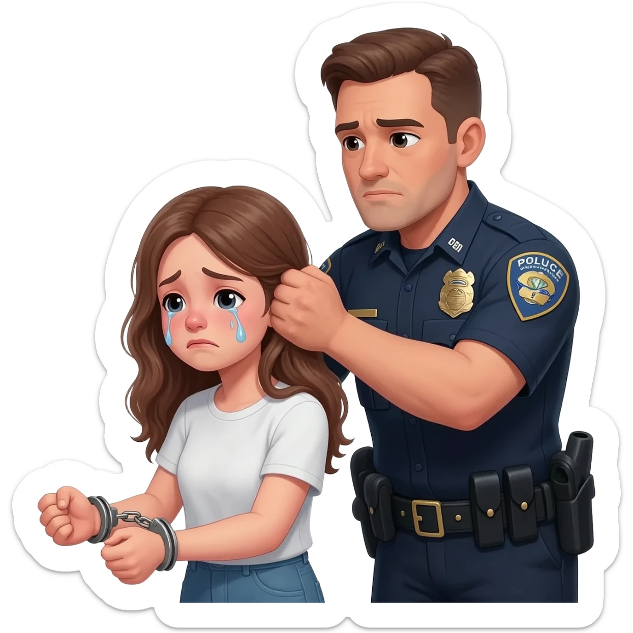crying white teen girl in handcuffs hair being pulled from behind by a male cop sticker
