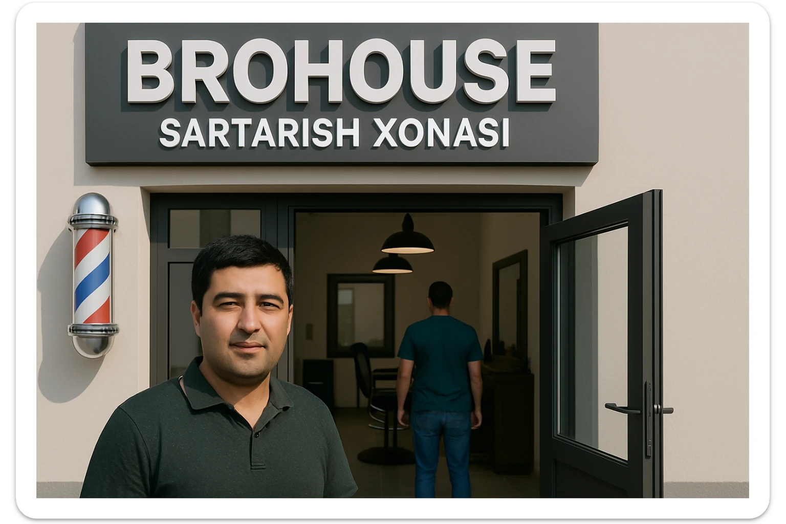 eni shu rasimga manashu odamga uxhshasin sartaosh eshik oldida tursin va tashqarida esa mijoz rasm esa 16 ga 9 bulsin 1920x1080 sticker