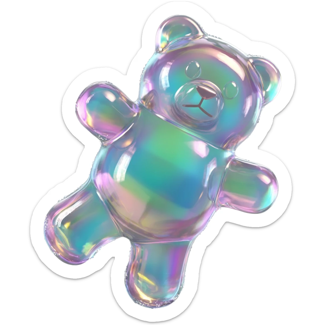 hyper-realistic 3D rendering of a translucent,  glistening iridescent holographic gummy bear mid-bounce, its plump body captured in dynamic motion as if frozen in time. The surface refracts light like real gelatin, with sticky highlights gleaming along its curved edges and subtle sugar granules  sticker