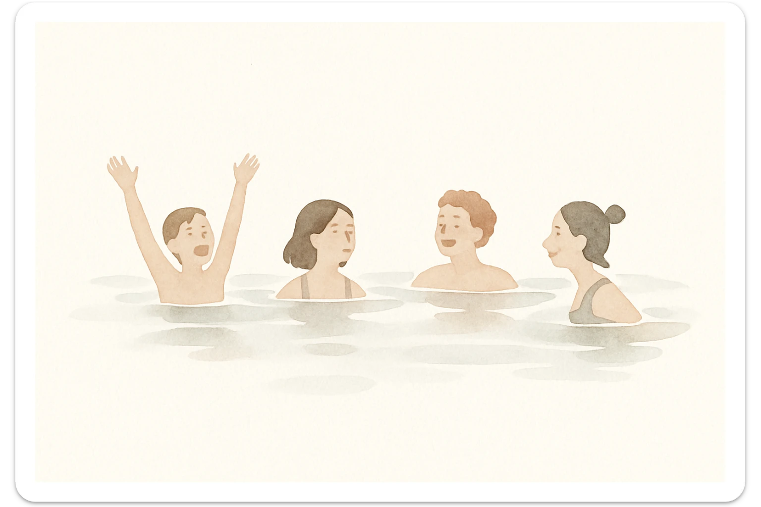 A group of friends swimming in a lake, joyful, soft watercolor style sticker