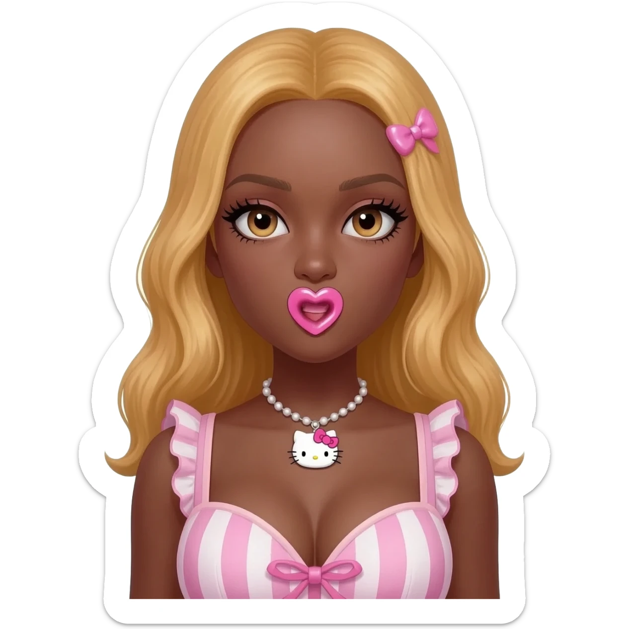 heart shaped lips, cute glossy lips, doll eyes with long lashes, dark brown skin, honey blonde hair, big chest, hello kitty necklace, one bow clip, bimbocore outfit sticker