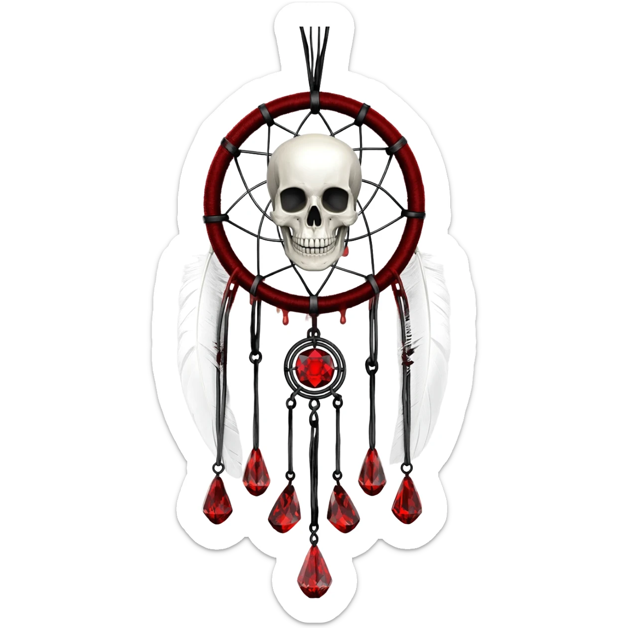 Blood-red, bloody, obsidian-black, edgy, dream catcher, red gemstones, black wire, black threads, skull, white feathers, badass, evil, gorgeous aesthetic, gothic decoration sticker