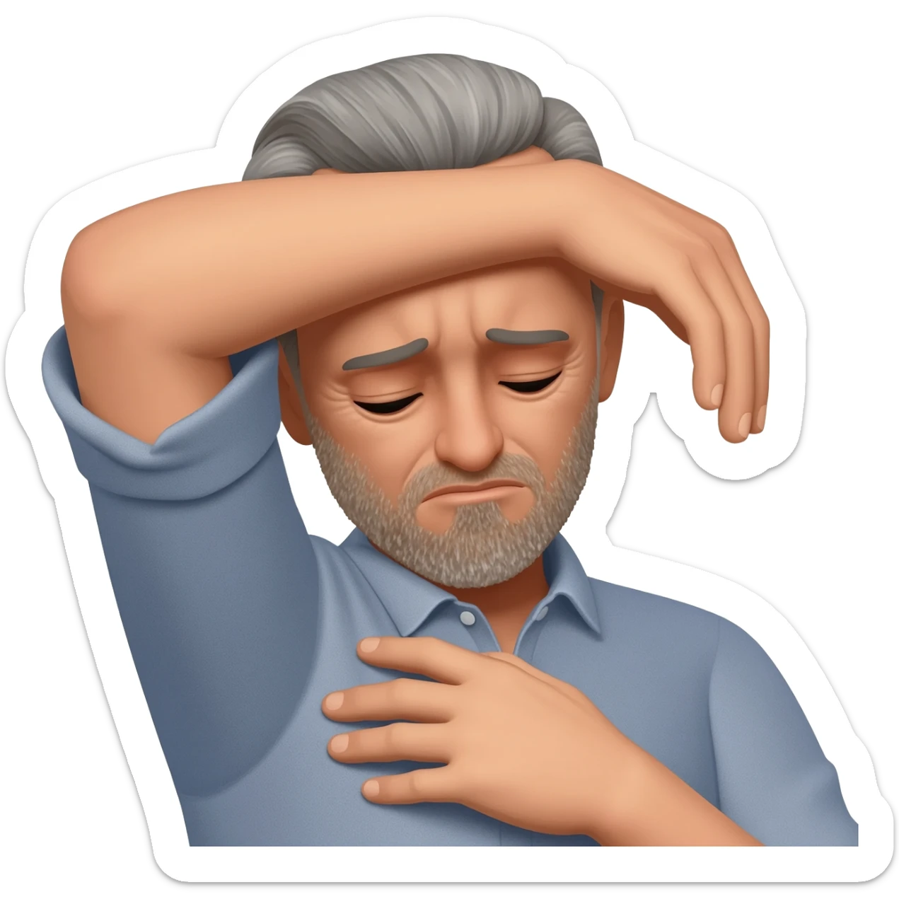 A man who is depressed with his left arm draped over his head so the inside of his left elbow is on his head and his left hand is touching his right shoulder sticker