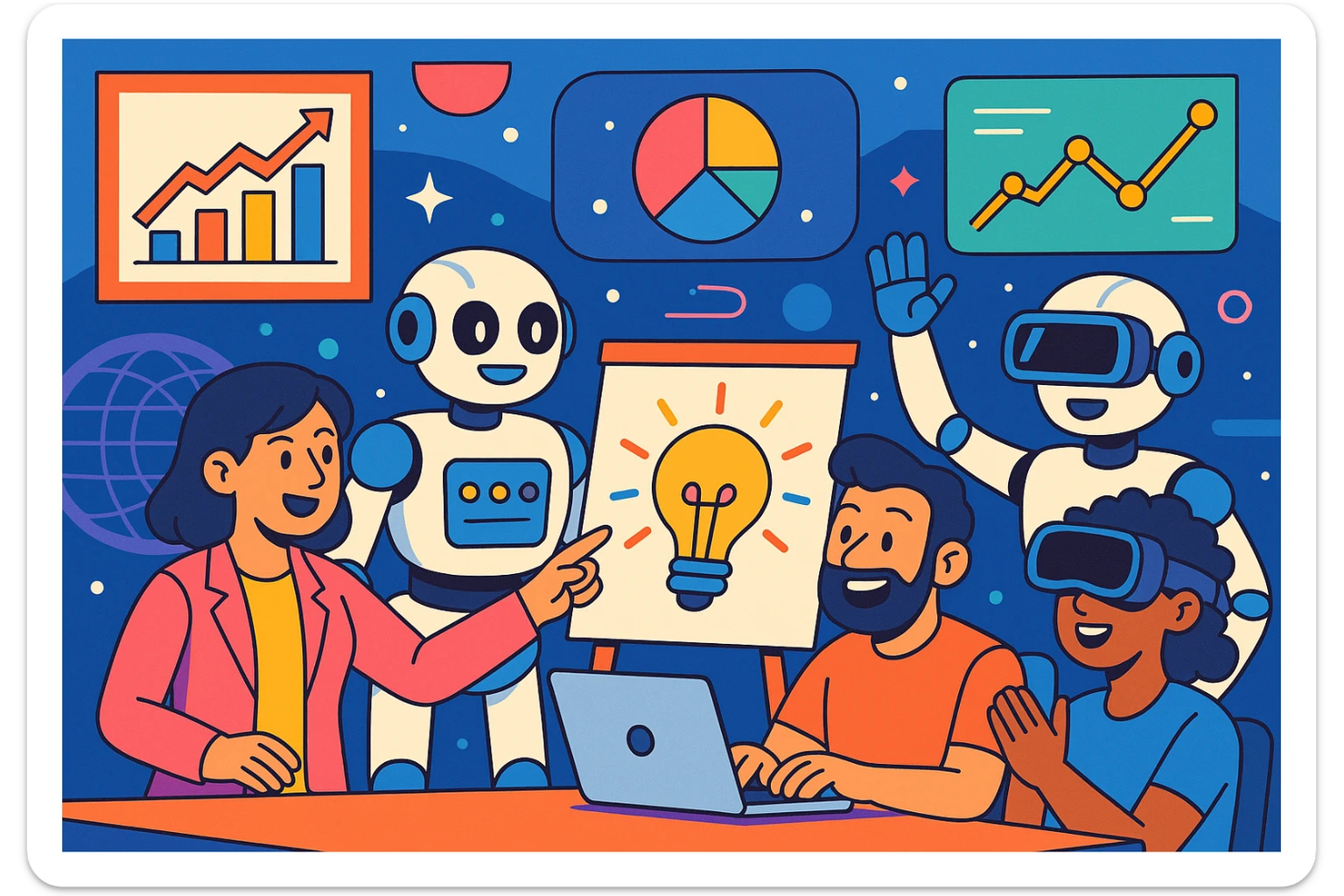conceptual illustration of the future of marketing: robots and humans collaborating on creative campaigns, surrounded by floating data charts and virtual reality elements, colorful cartoon style sticker