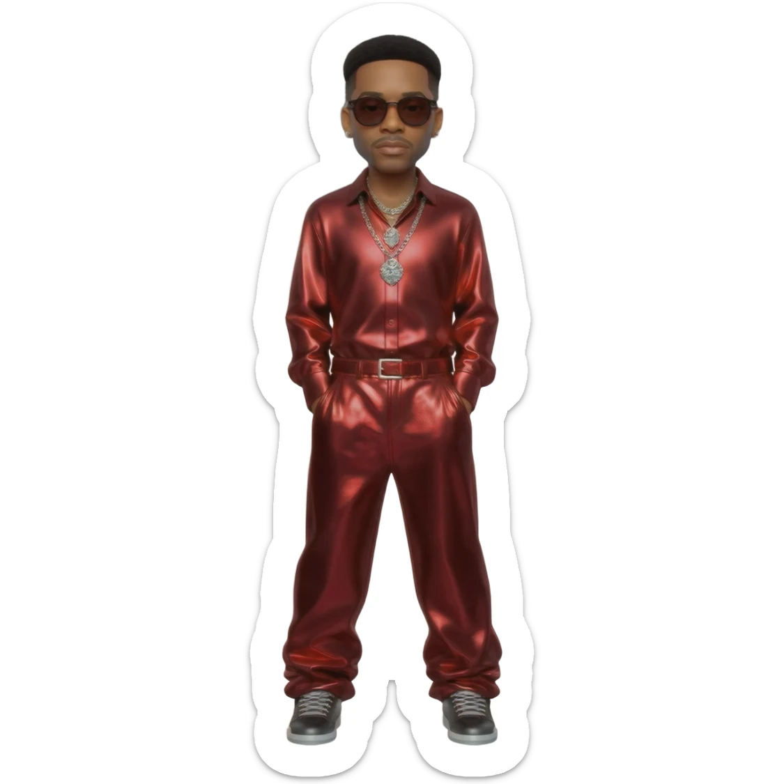 Ginuwine, R&B Singer with black short hair, red metallic shirt, burgundy metallic baggy pants, silver necklace sticker