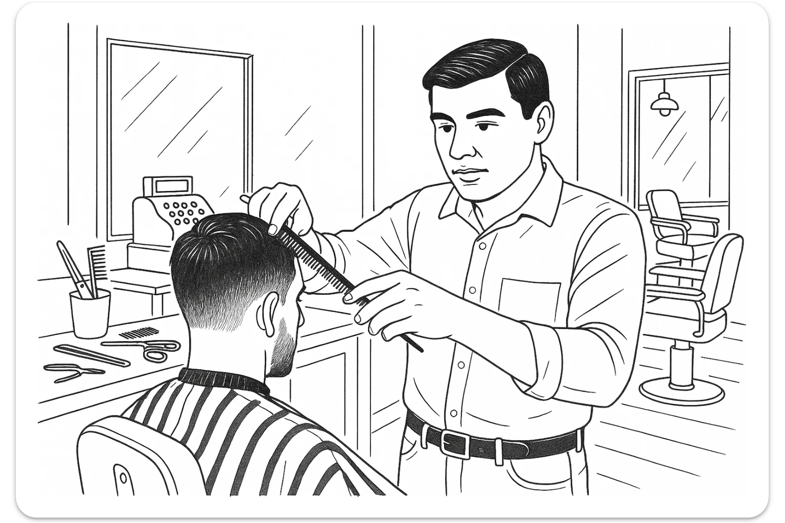 Draw me a sketch of the barbershop, but make sure there's a cash register there. sticker