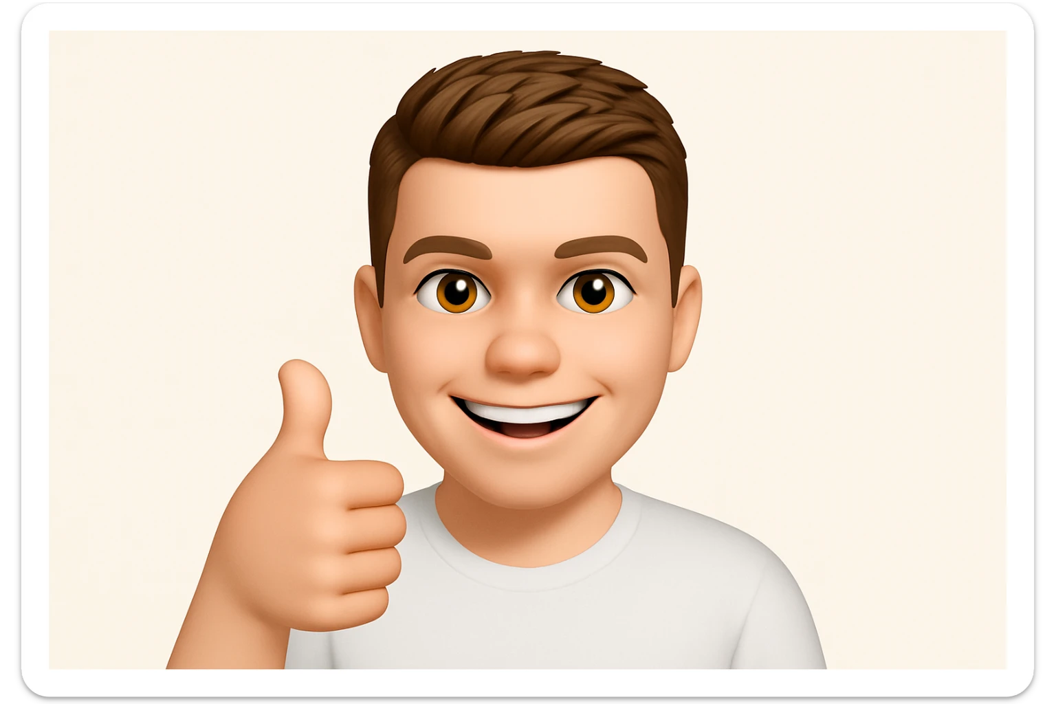 Based on these photos, make an emoji with facial features intact, a man in a white T-shirt, giving a thumbs up and smiling approvingly sticker