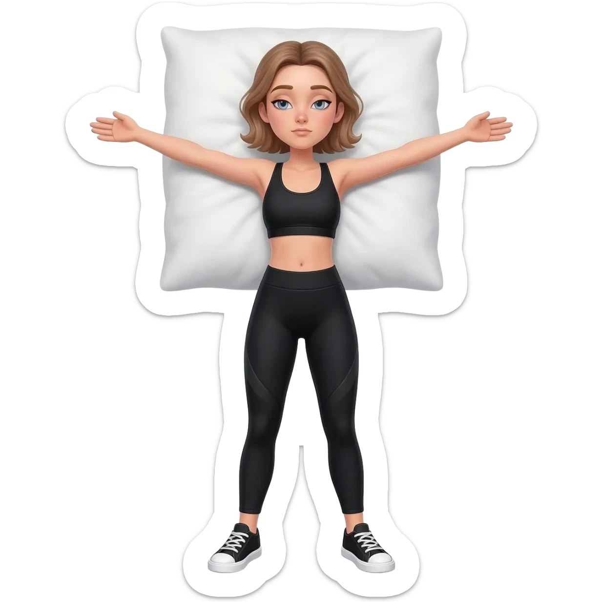 gentle bedtime stretch with sleepy mood, fair-skinned woman, gray-blue eyes, ash brown brows, ash light brown hair tied back, slim athletic body, black workout set, black sneakers with white soles sticker