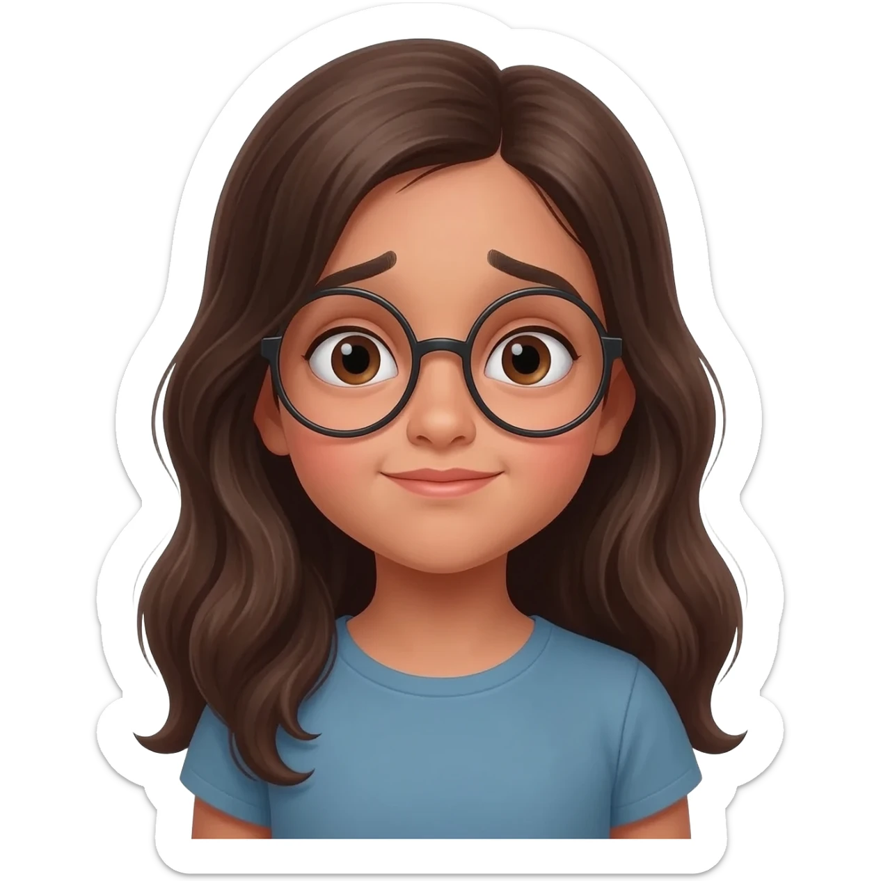 emoji algérienne fille 7 ans oeil malicieux mince cheveux longs légèrement ondulés avec des lunettes sticker