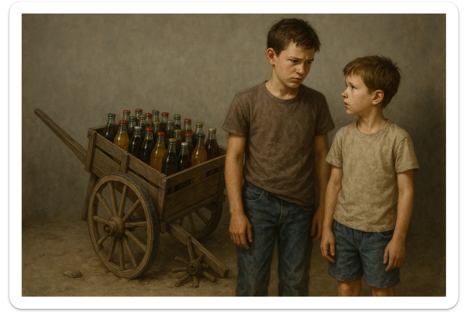 Bir g'ildiragi singan ichimliklar ortilgan arava uning yonida aka uka bir biriga havotirli nigoh bilan qarab turibdi realistik uslubda sticker