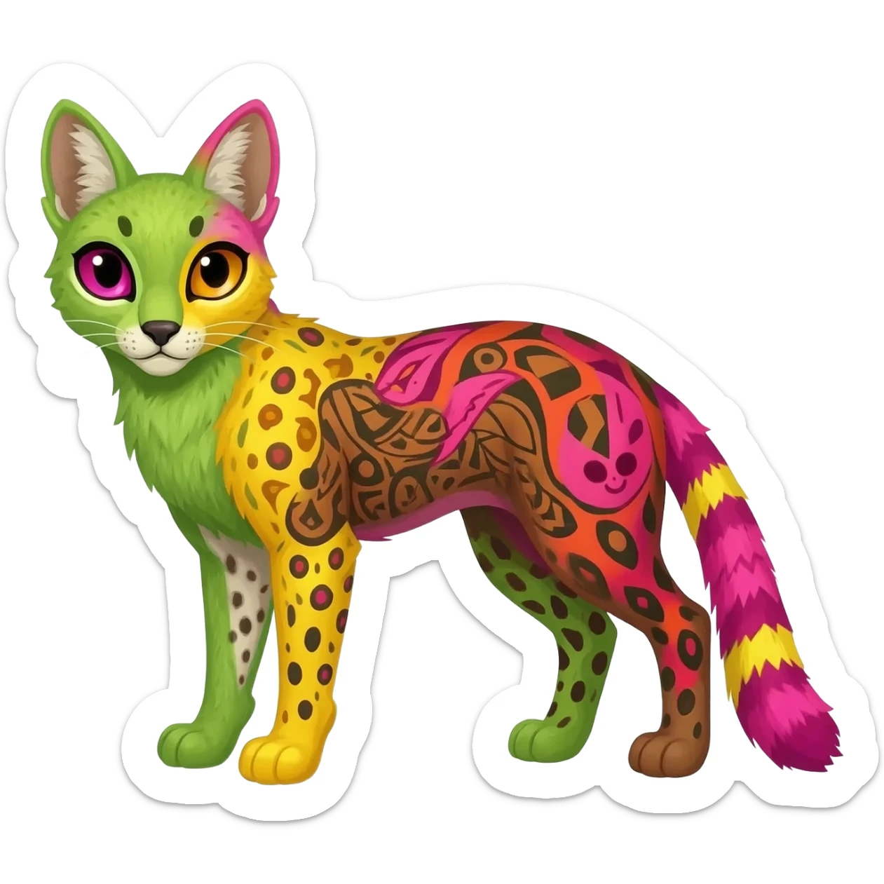 Colorful cute adorable tropical exotic fruity kiwi-green lemony rosy neon-red Caracal-Cheetah-Civet-Trico-fusion-hybrid-animal-creature, full body, with tribal tattoos sticker