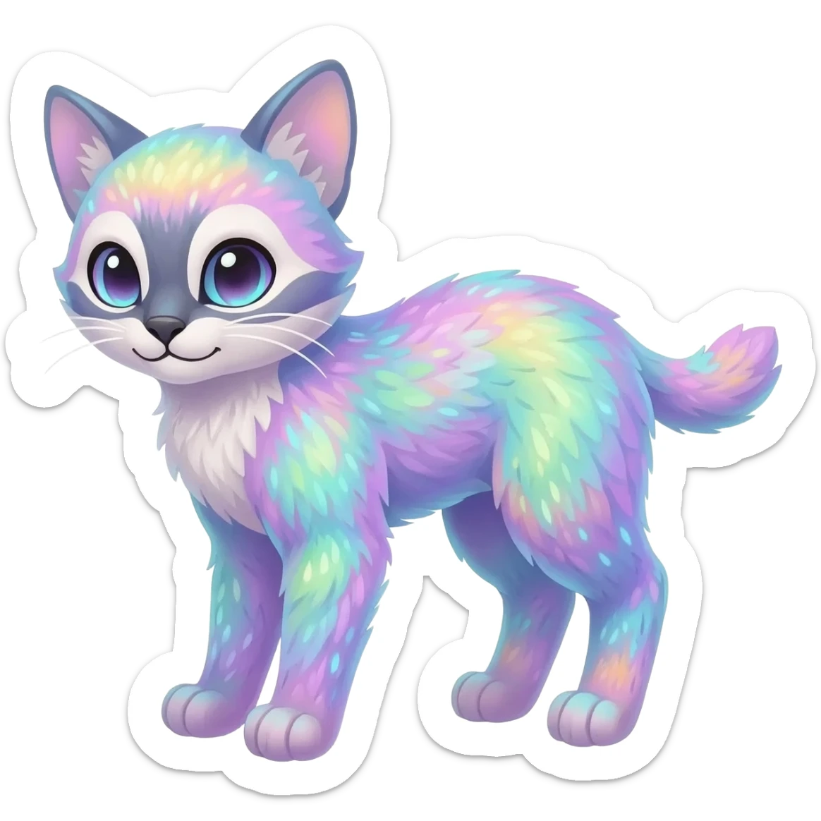 Colorful dark tropical pale light fruity pastel white glorious iridescent divine exotic cute cool beautiful beautiful fantasy-caracal-civet-genet-sergal-vernid-Gryphon-Cacomistle-Trico-oncilla-animal-Fakémon-hybrid-fursona (full body) sticker