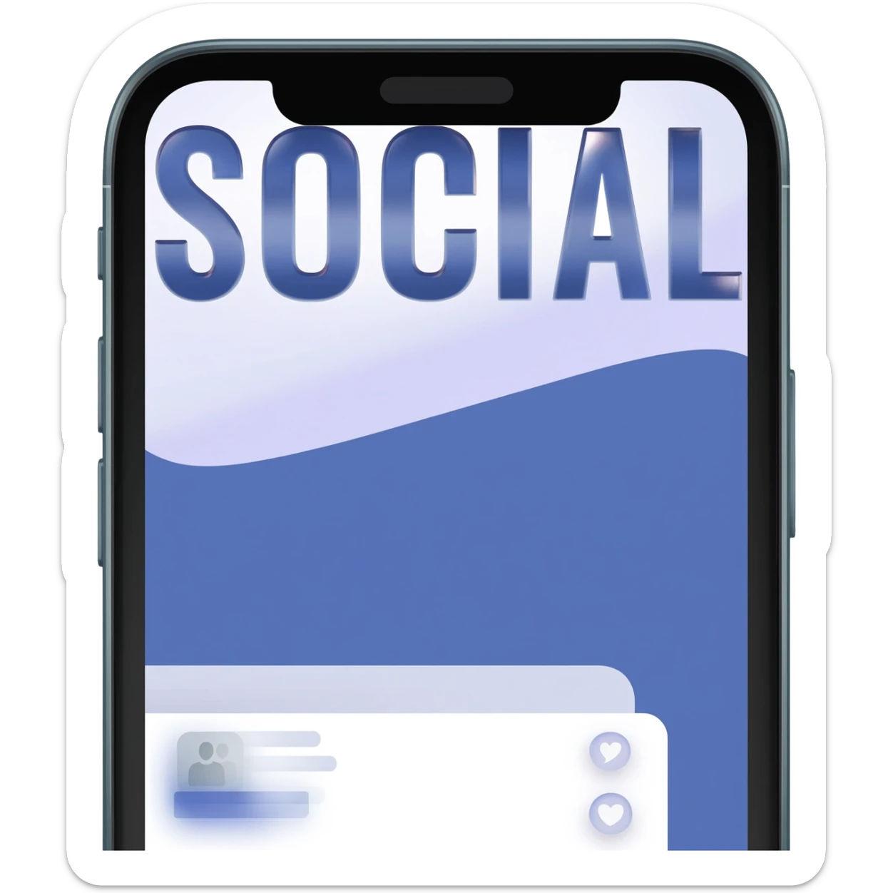 Full smart phone with the word "SOCIAL" on the screen, with a social media app on-screen display in the background sticker