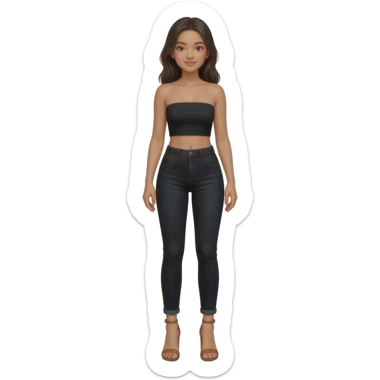 Filipino girl black bra strapless top and high waisted black jeans  with feet stand straight body wear  high heels sandals brown stand straight sticker