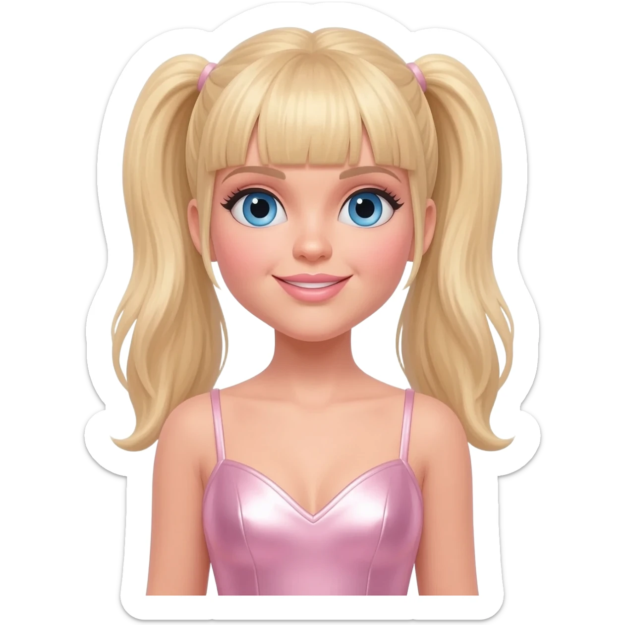 Baby Spice from Spice Girls with blue eyes, long blonde two ponytail hair with bang, light pink metallic sweetheart short dress sticker