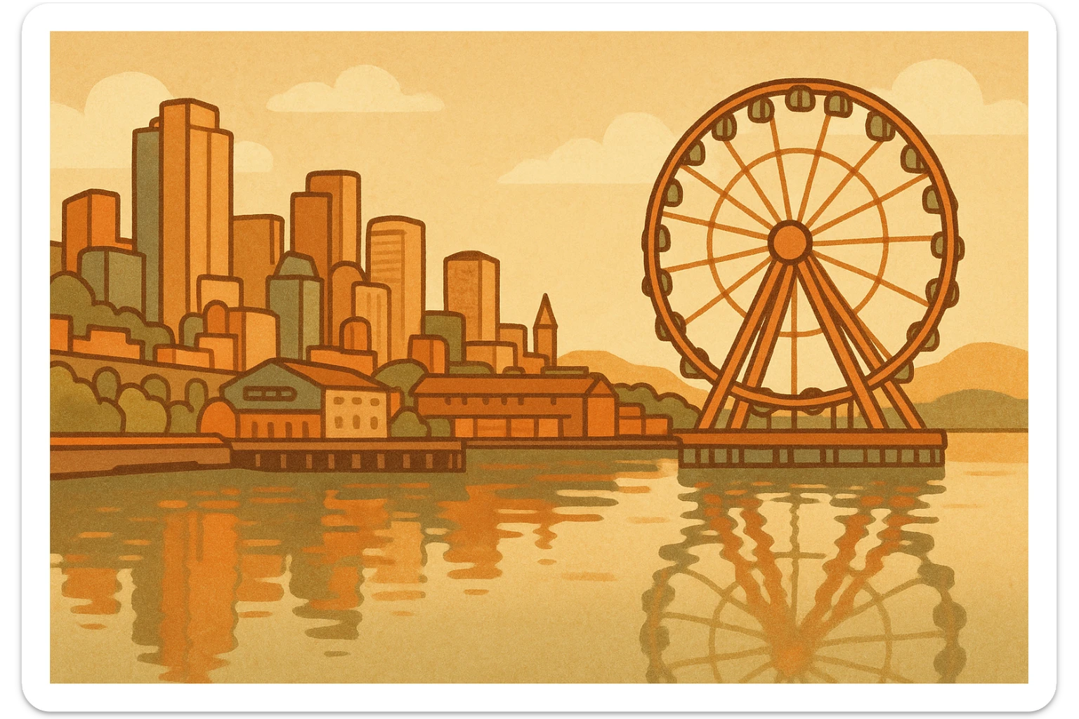 Seattle waterfront at dawn, soft sunlight, ferris wheel, calm water reflections sticker