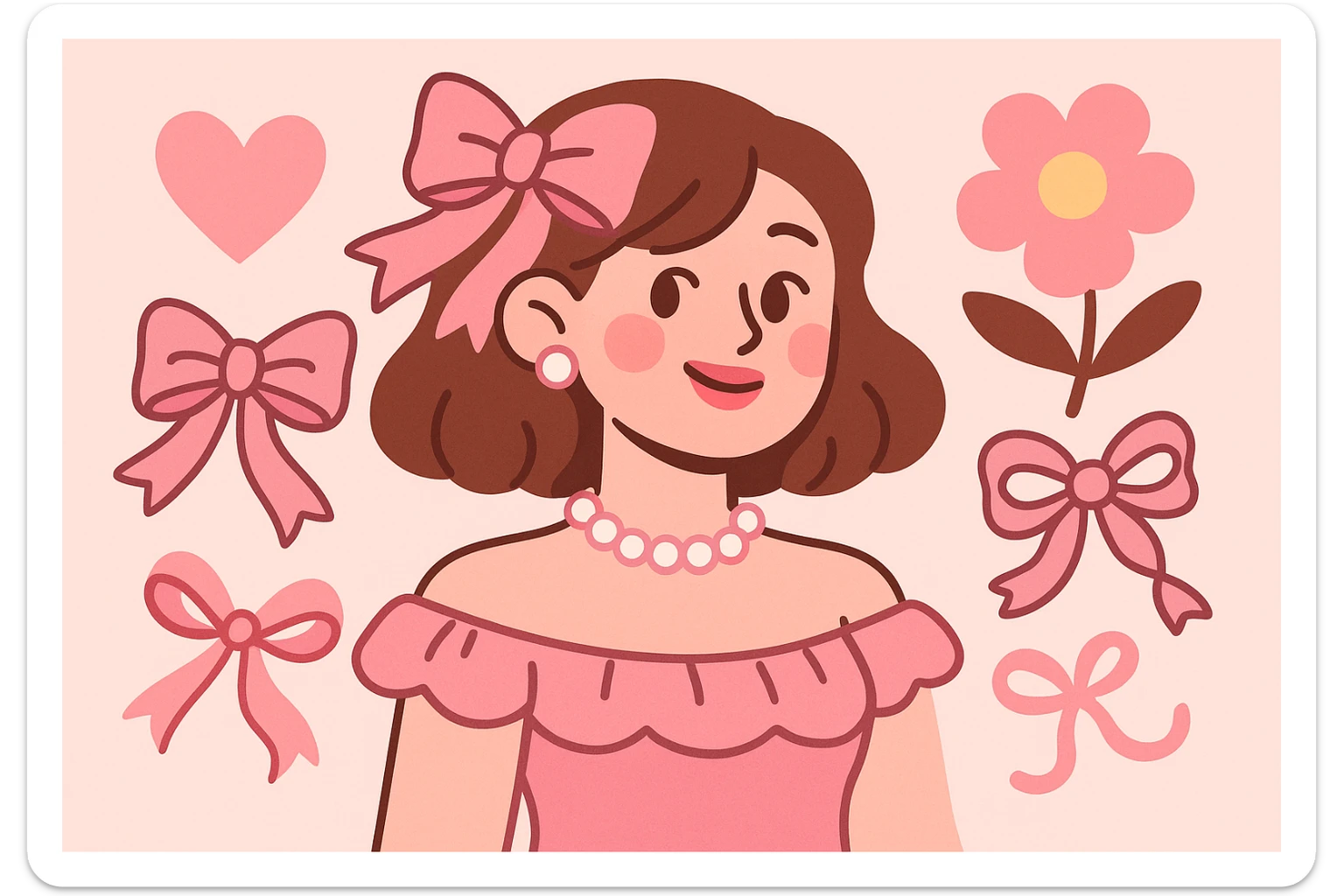 coquette style, pink and white color palette, girly, ribbons, pearls, vintage romantic vibe sticker